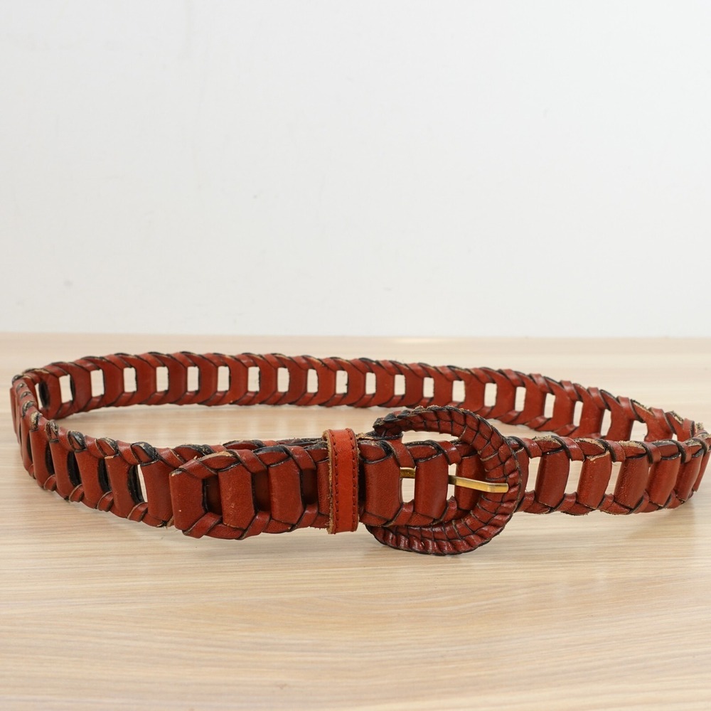 Vintage Braided Womens Belt Brown Small Leather 90s Skinny Bohemian Chic Retro